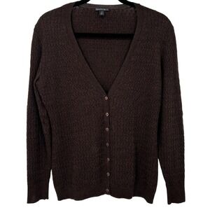 Lafayette 148 Brown Virgin Wool Thin Cable Knit Button Cardigan Sweater Sz Small